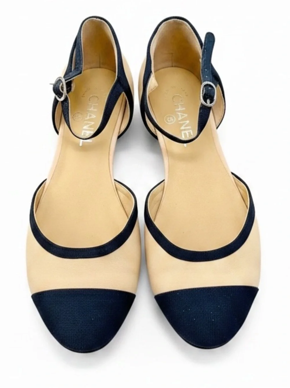 Chanel Two-Tone Beige & Black Mary Jane Flat Ankle Strap Shoes 40